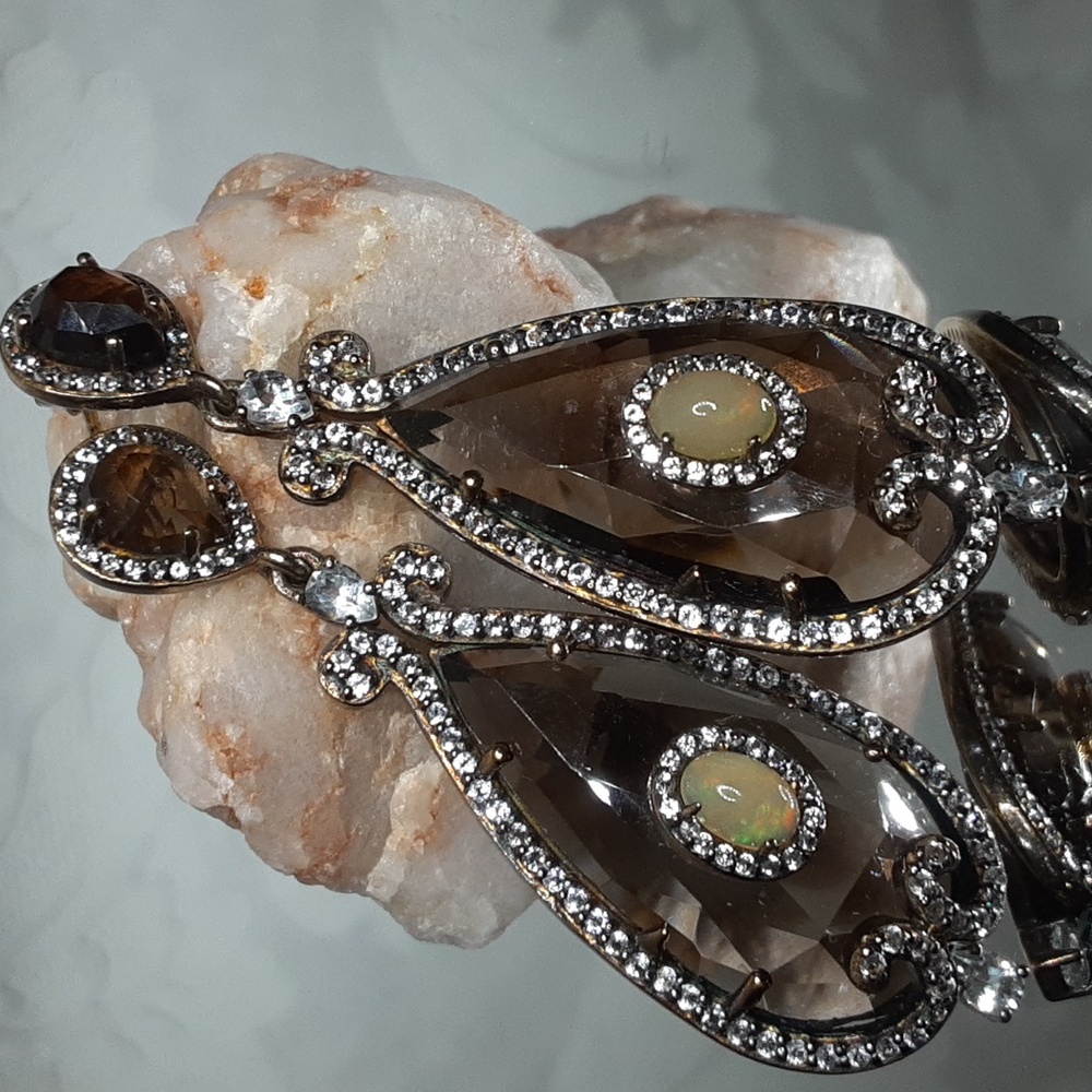 925 Rare Smoky Quartz, Ethiopian Opal Drop Earrings.